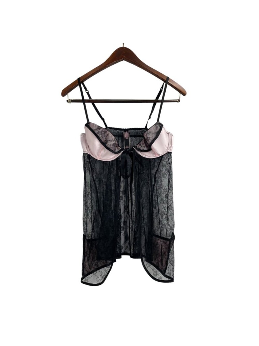 Victoria's Secret Black Pink Lace Front Tie Teddy Lingerie Tank Womens Size 34C